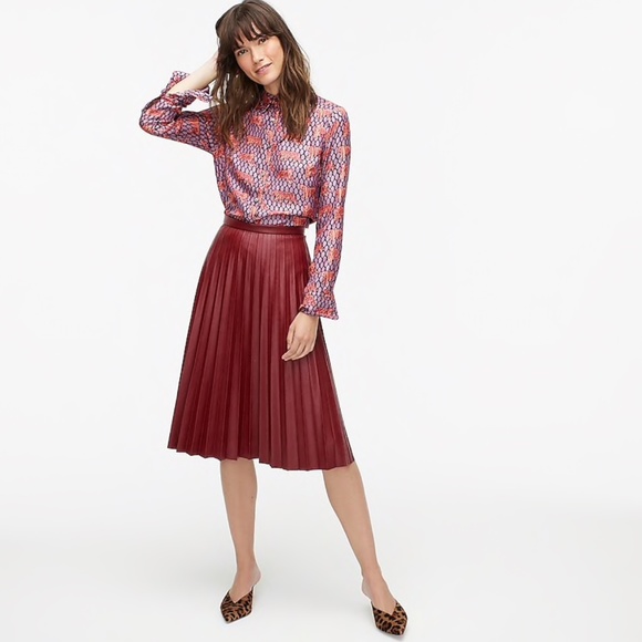 New JCREW Faux-Leather Pleated Midi Skirt Ruby - Picture 2 of 6